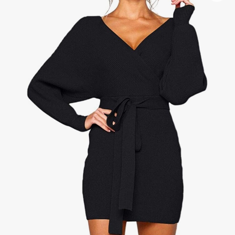 Women's Sexy Cocktail Long Sleeve Backless Mock Wrap Knit Sweater Mini Dress